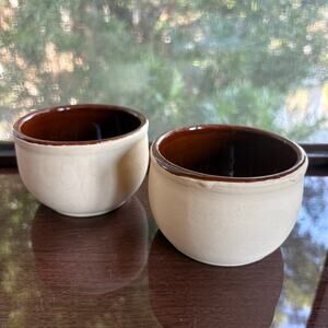 Vintage Brown and Tan Oven Ware USA Mini Stoneware Bean Crocks, Set of 2